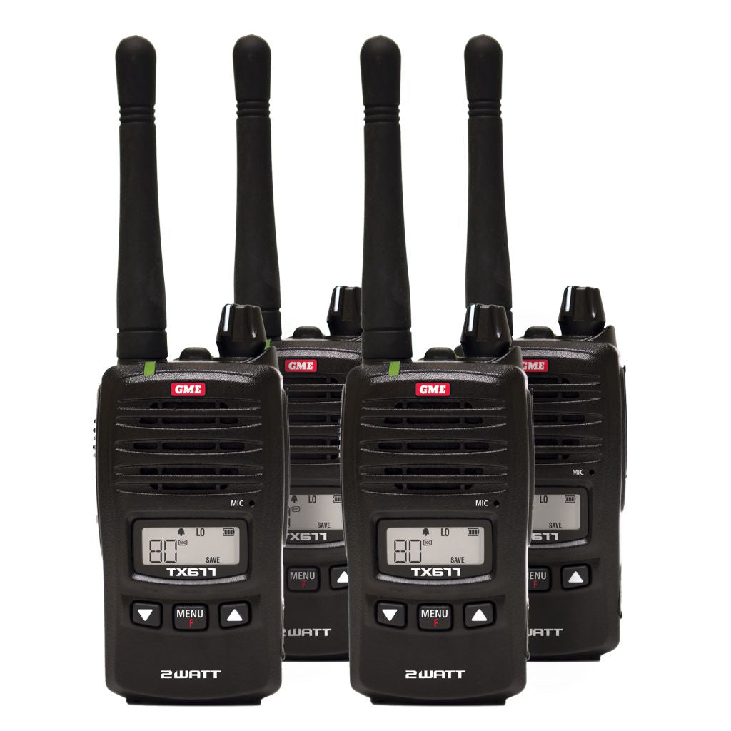 2 WATT 80 CHANNEL COMPACT HAND HELD UHF CB RADIO QUAD PACK 2 YEARS WARRANTY GME - TX677QP